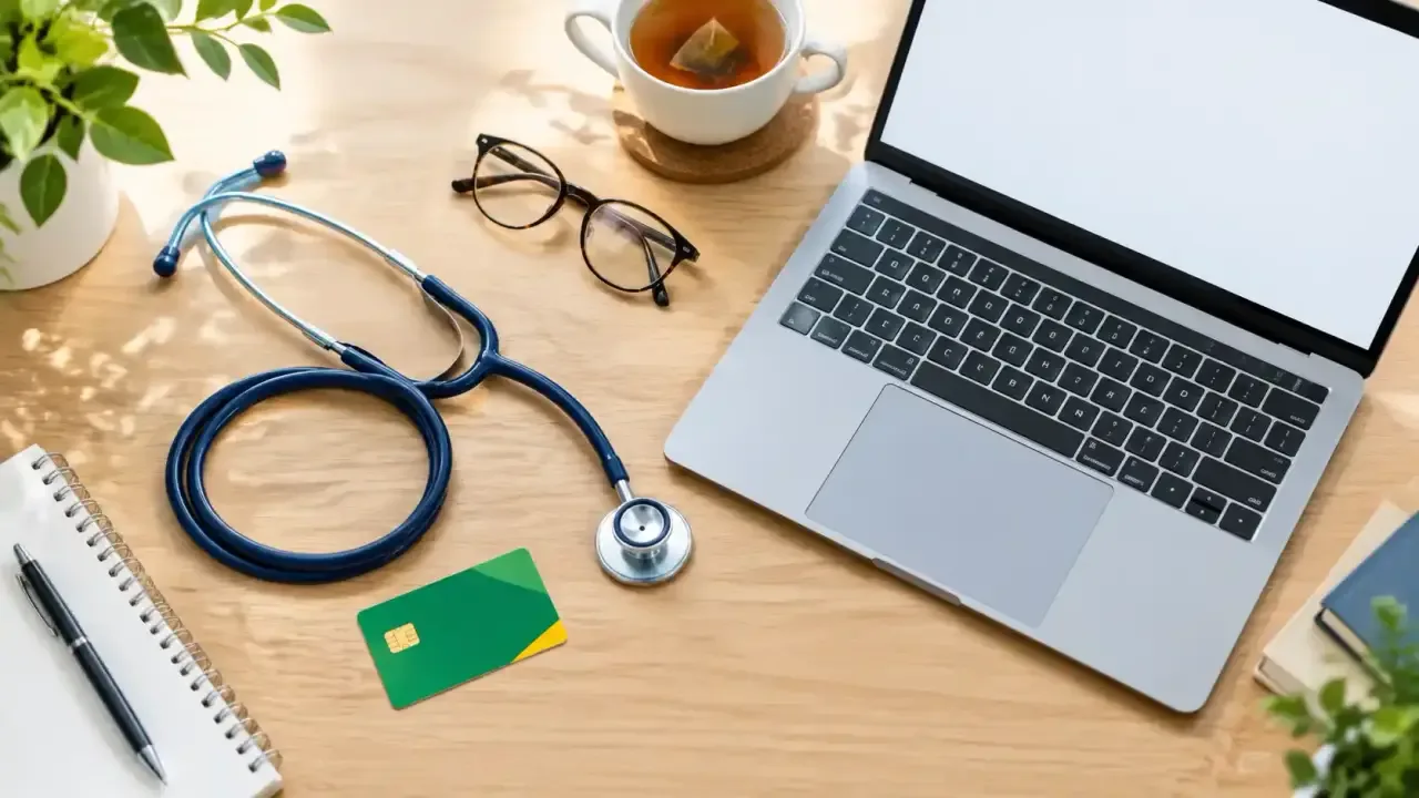 Bureau avec une carte Vitale et un stéthoscope