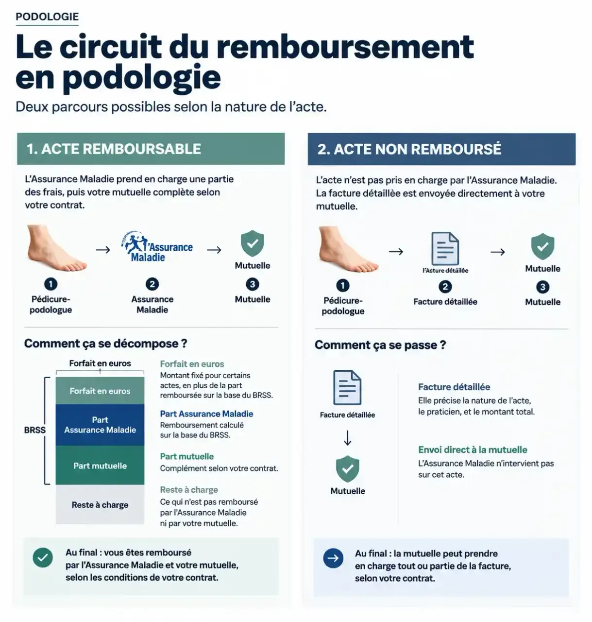 Infographie sur le remboursement podologue mutuelle et le circuit entre Assurance Maladie, mutuelle et reste à charge