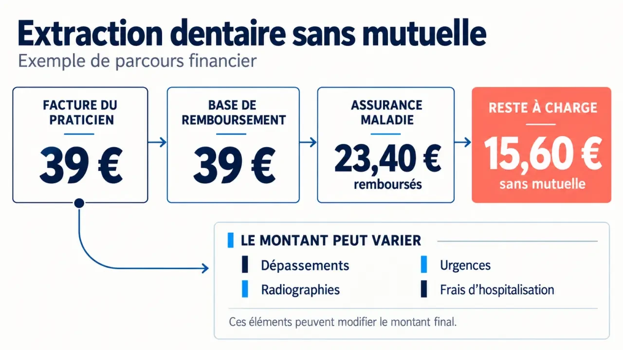 Infographie du prix extraction dent sans mutuelle, du remboursement et du reste à charge