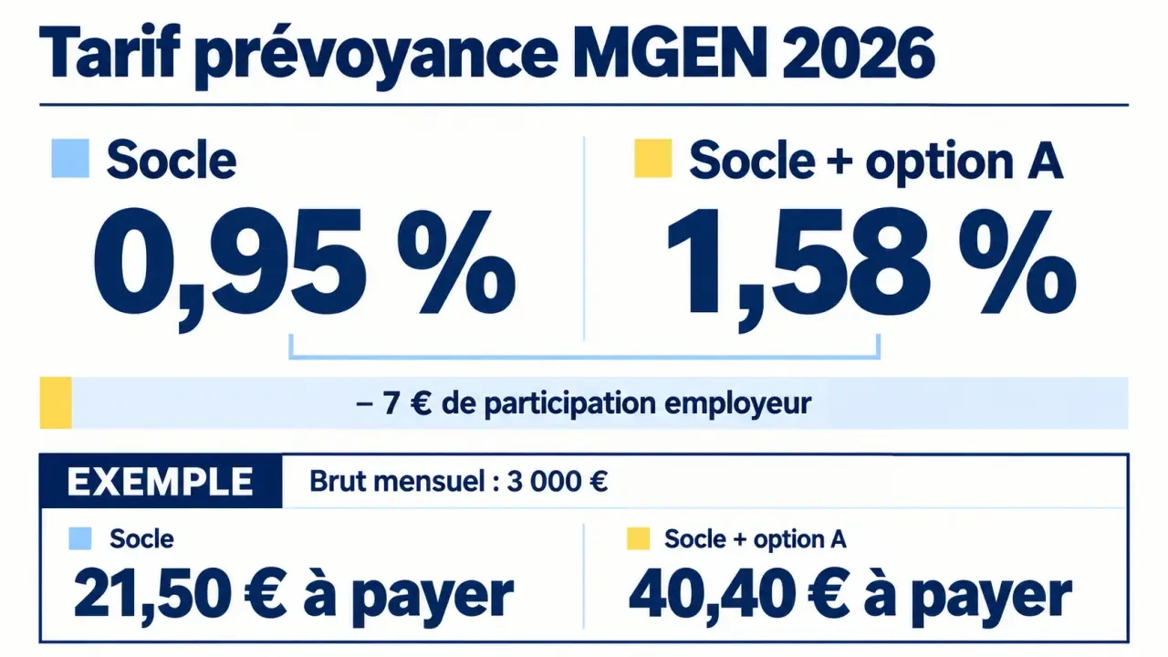 Tarif prévoyance MGEN 2026 : taux du socle, option A et reste à payer après participation employeur