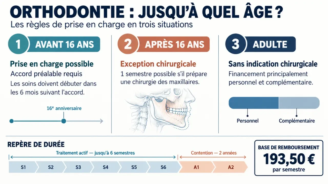 Infographie sur la prise en charge orthodontie jusqu’à quel âge, avant et après 16 ans
