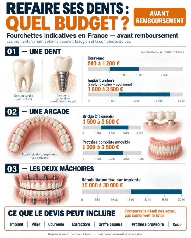 Infographie sur le prix refaire ses dents selon la solution choisie et le niveau de remboursement