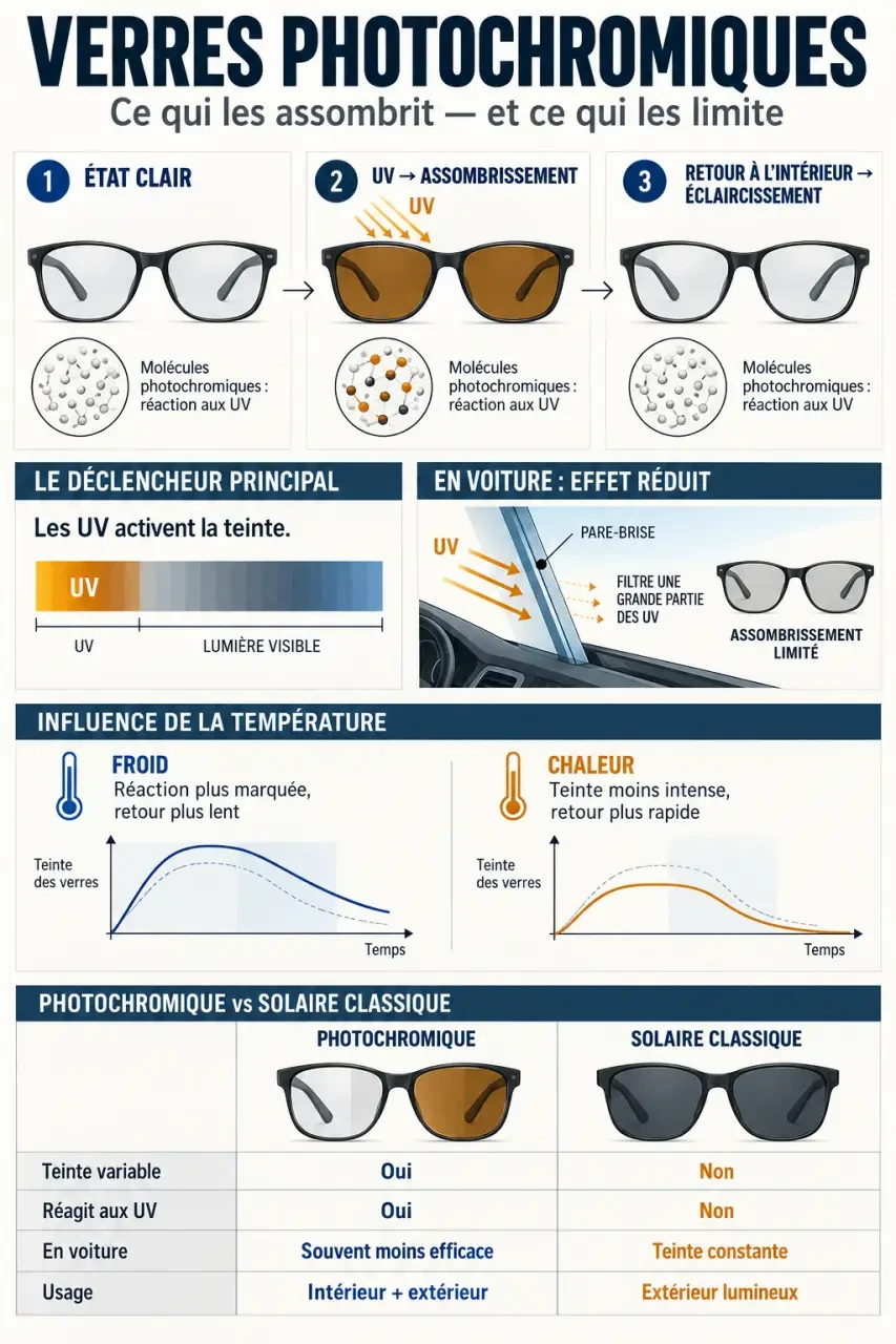 Infographie sur les inconvénients des verres photochromiques, les UV, le pare-brise et les variations de température