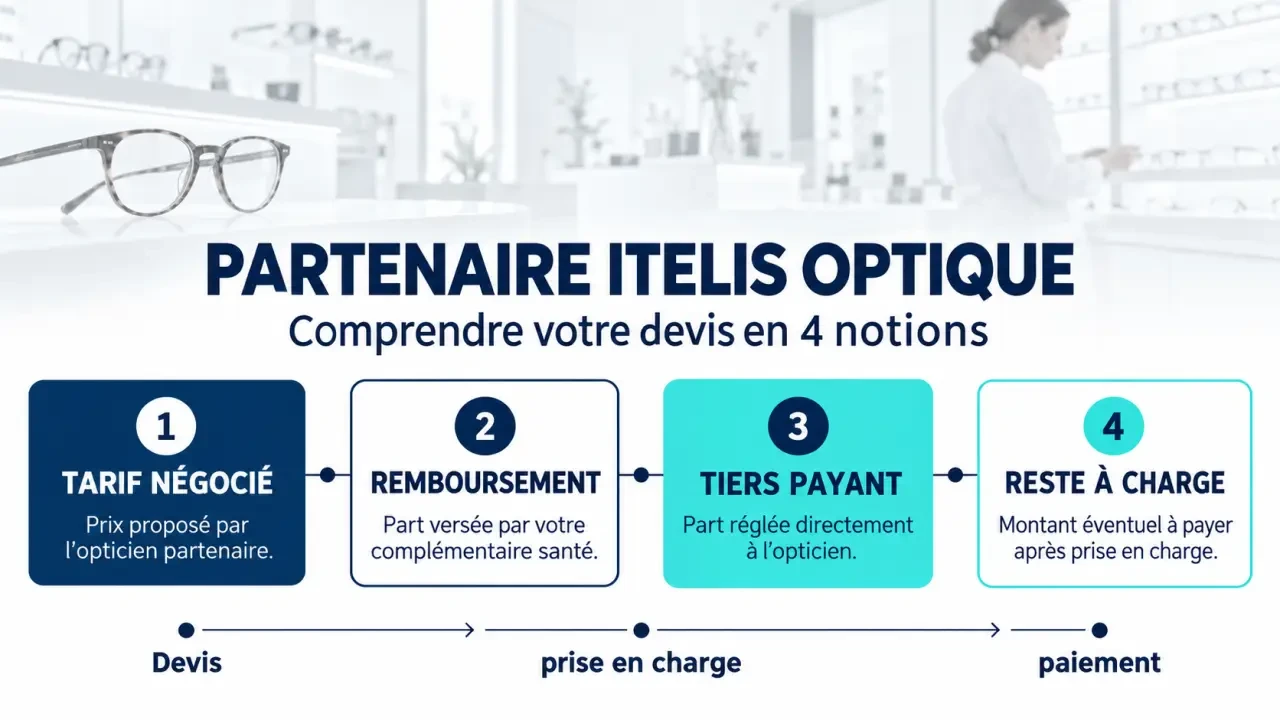 Infographie expliquant les avantages et le reste à charge chez un partenaire Itelis optique