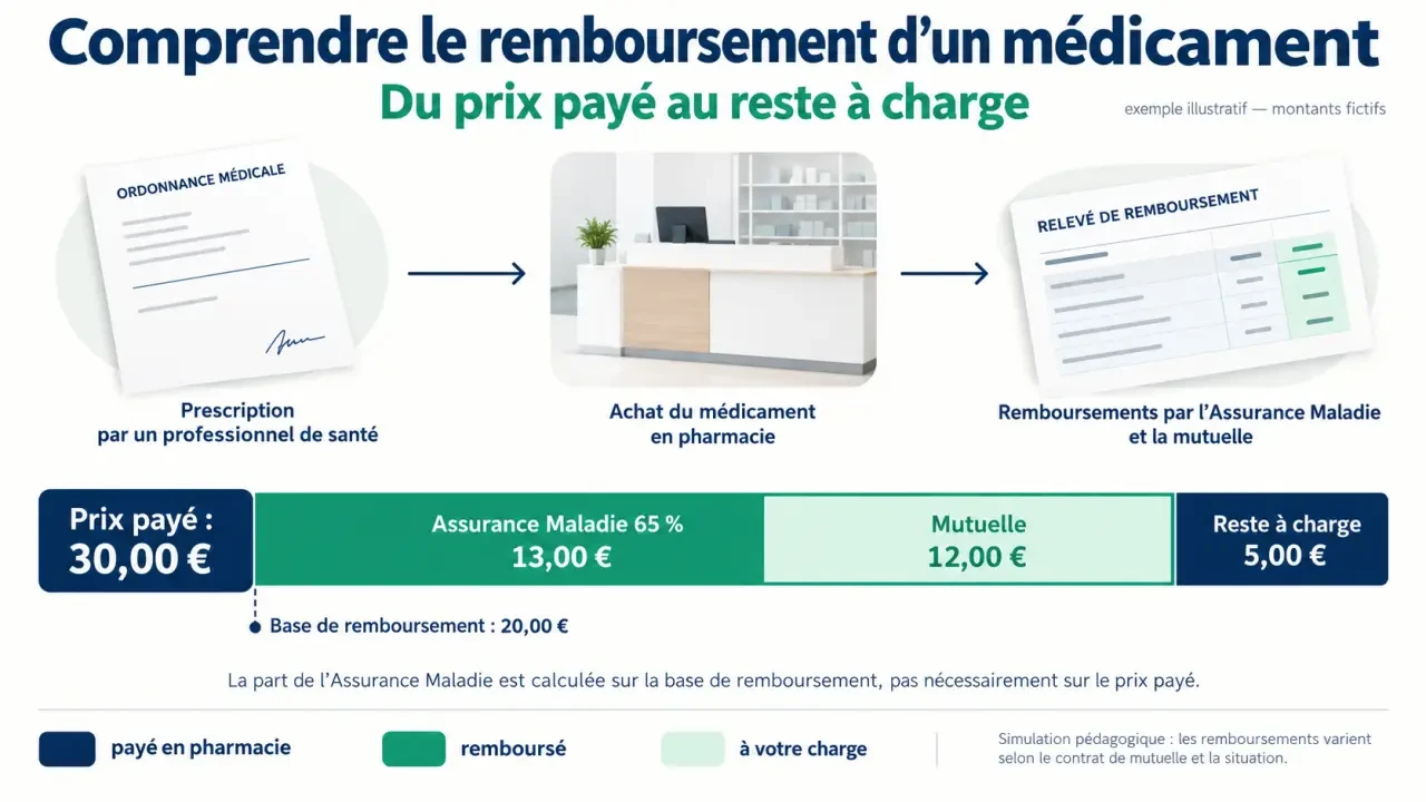 Infographie sur le remboursement du Mounjaro et le calcul du reste à charge avec Assurance Maladie et mutuelle