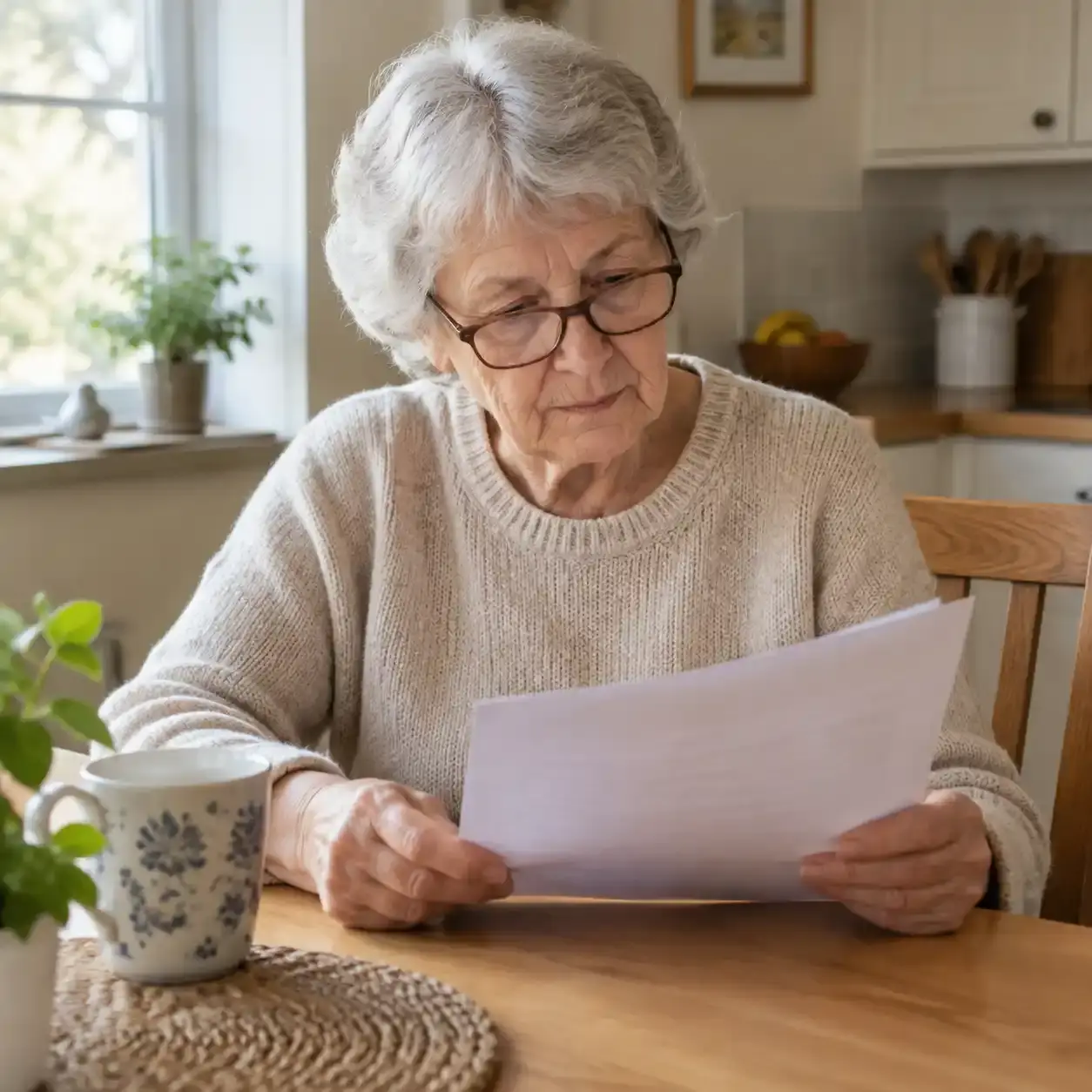 Senior qui lit un document à une table de cuisine